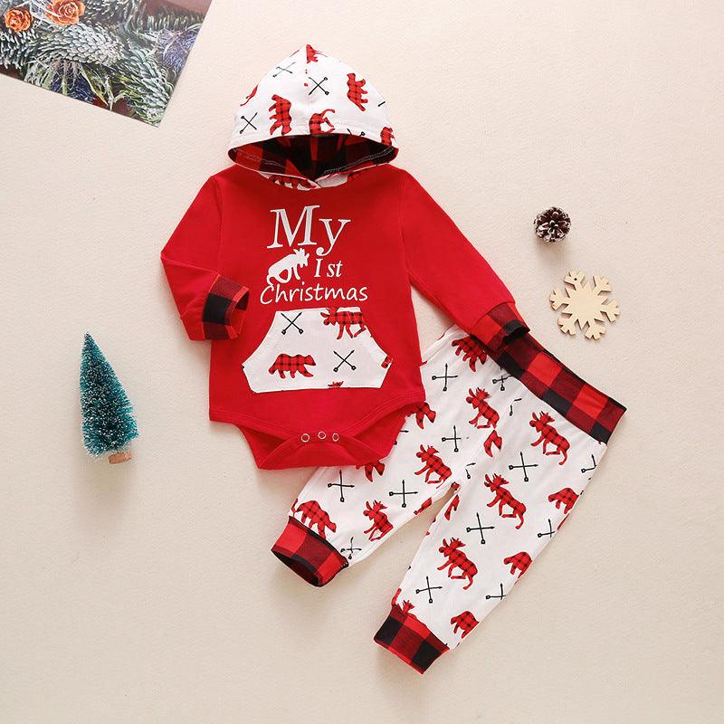 Baby Boys Letter Hooded Jumpsuit Cartoon Printed Pants Christmas Hooded Set - PrettyKid