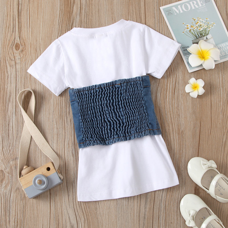 Toddler Kids Girls Short Sleeve T-shirt Skirt Denim Waist Cover Set Bulk Childrens Clothing - PrettyKid