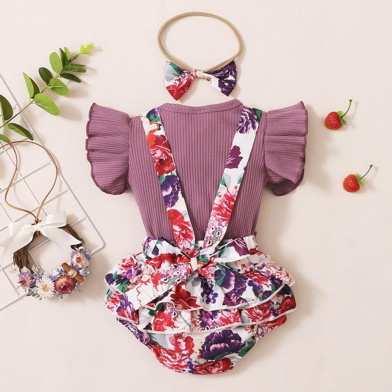 Baby Girl Ruffle Armhole Ribbed Top & Floral Suspender Shorts & Headwear - PrettyKid