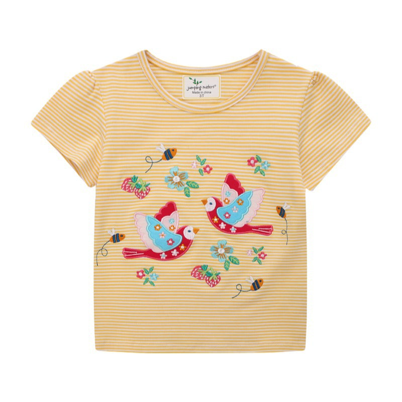 Boys Short Sleeve Bird Flower Strawberry Embroidery Stripe T-Shirt Wholesale Toddler Boy Tops - PrettyKid
