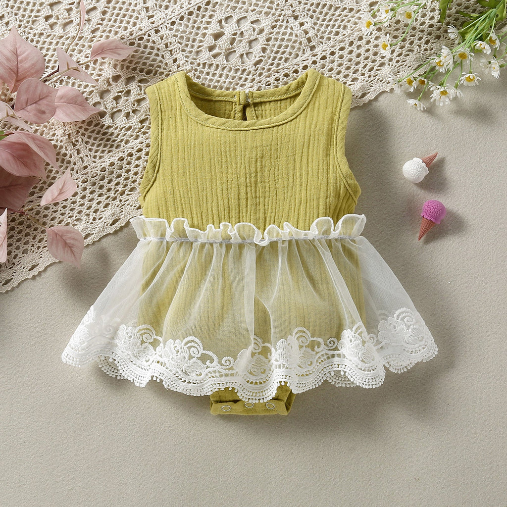 Baby Girl Sleeveless Lace Mesh Bodysuit Baby One Piece Jumpsuit - PrettyKid