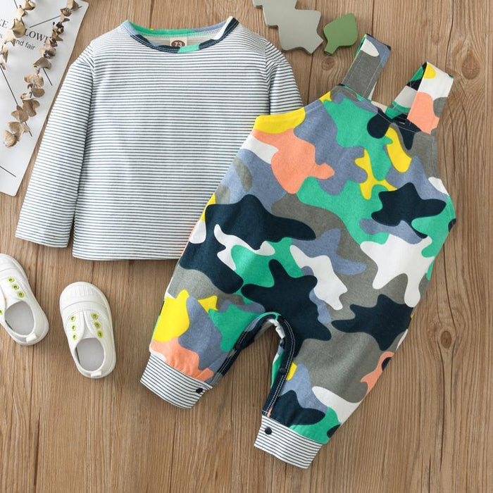 2-piece Striped Long Sleeve T-shirt & Camouflage Bib Pants for Baby - PrettyKid