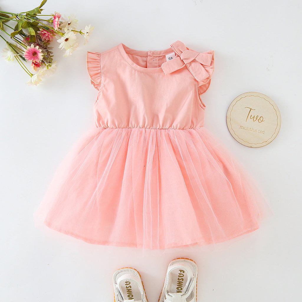 3-24M Solid Color Mesh Panel Sleeveless Bow Dress Wholesale Baby Clothes - PrettyKid