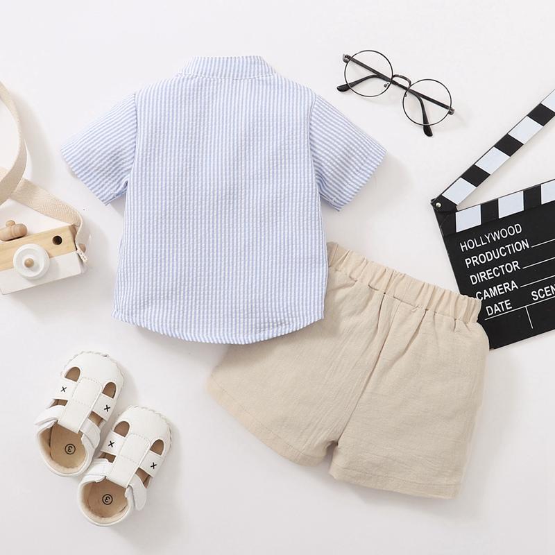 Baby Boy Strap Printing Striped Shirt & Shorts - PrettyKid
