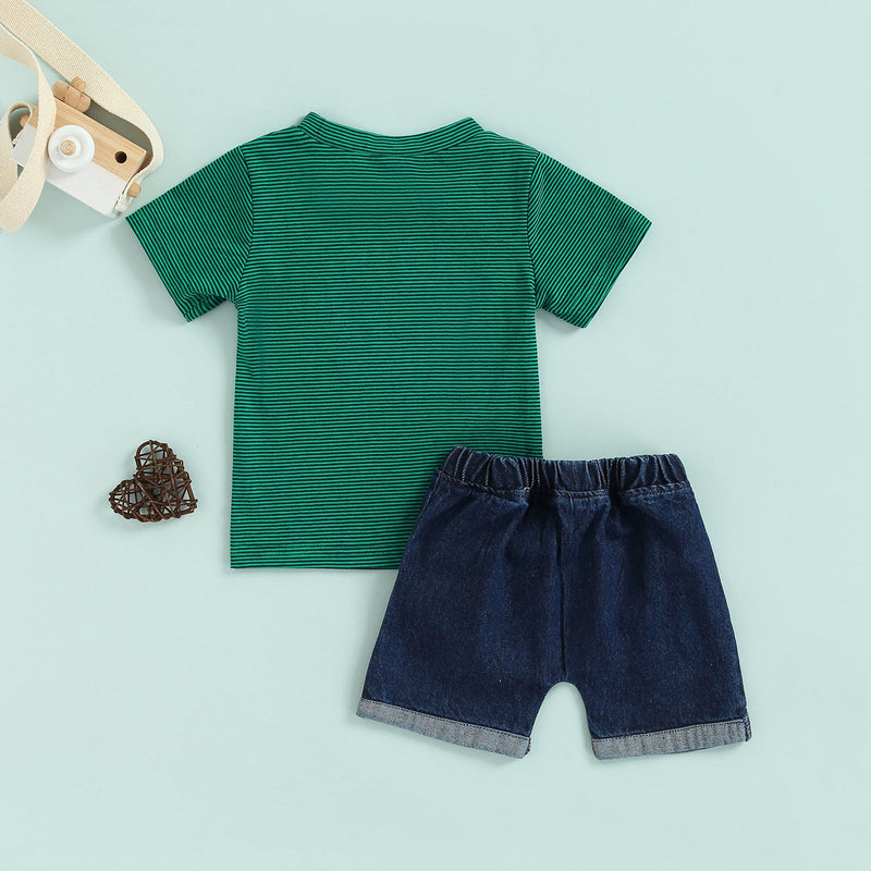 6M-3Y Striped Short Sleeves Top Denim Shorts Baby Boy Sets Wholesale Baby Clothes - PrettyKid