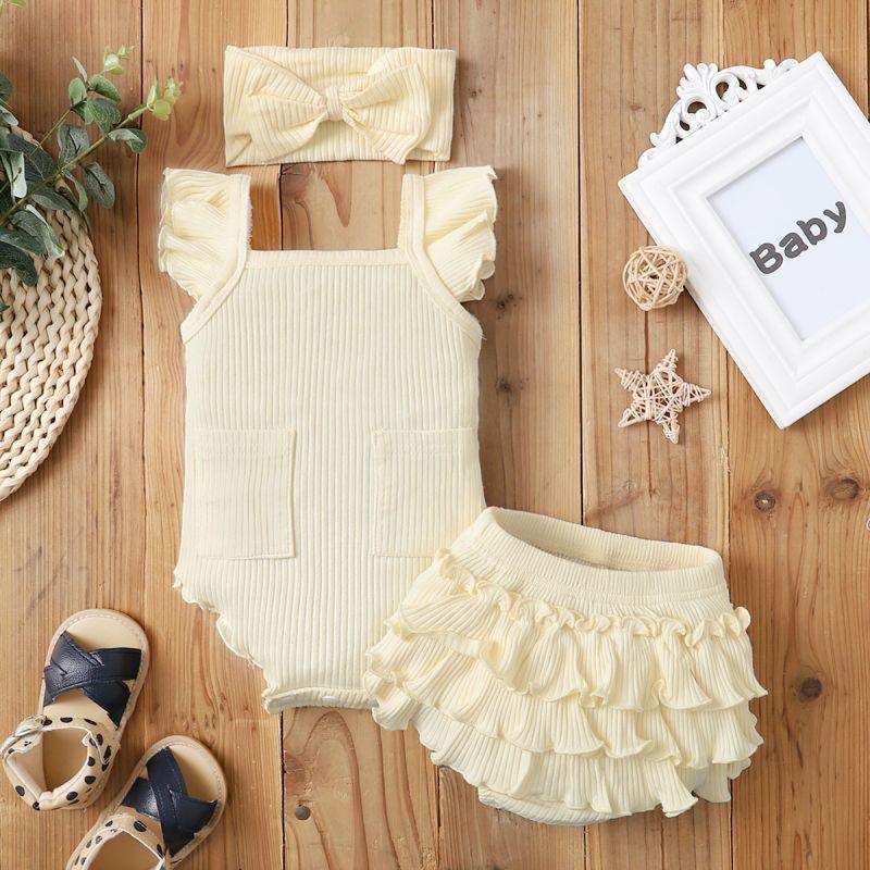 New Born Girl Ribbed Ruffle Sleeve Bodysuit & Bowknot Headband & Ruffle Super Short - PrettyKid