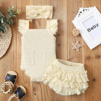 New Born Girl Ribbed Ruffle Sleeve Bodysuit & Bowknot Headband & Ruffle Super Short - PrettyKid