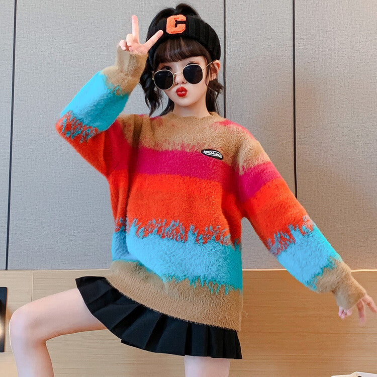 3-13Y Colorblock Knitted Contrast Warm Long Sleeve Girl Sweater Wholesale Kids Boutique Clothing - PrettyKid