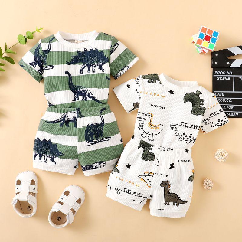 Baby Boy Dinosaur Print Striped Bodysuit & Shorts - PrettyKid