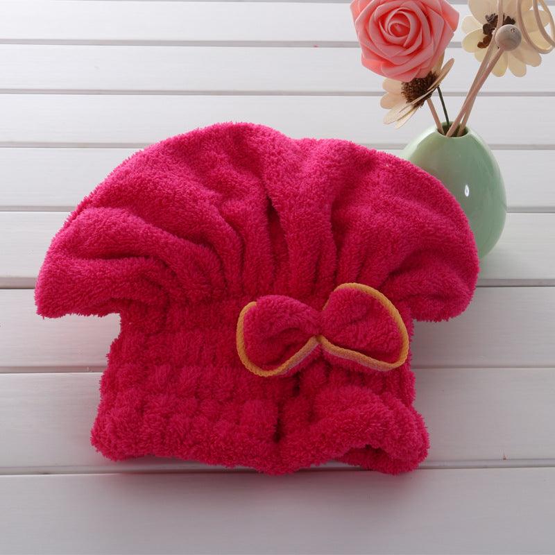 Children's Elastic Band Coral Velvet Bow Dry Hair Cap Bath Cap - PrettyKid