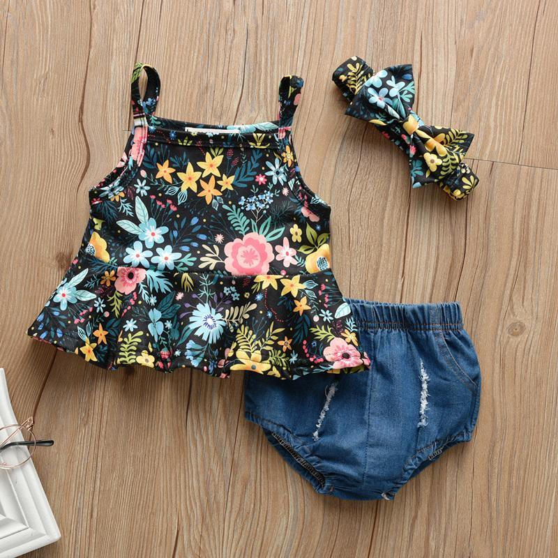 3-piece Floral Printed Dress & Shorts & Headband for Baby Girl Wholesale children's clothing - PrettyKid