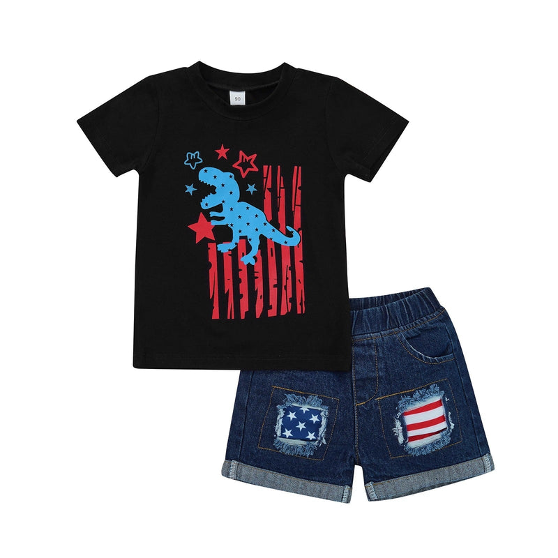 18months-6years Toddler Boy Sets Independence Day Children's Clothing Set Boys Flag Dinosaur T-Shirt & Denim Shorts - PrettyKid