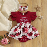 3-18M Baby Girl Jumpsuit Letter Pit Strip Short Sleeve Floral Print Headband Wholesale Baby Clothes - PrettyKid