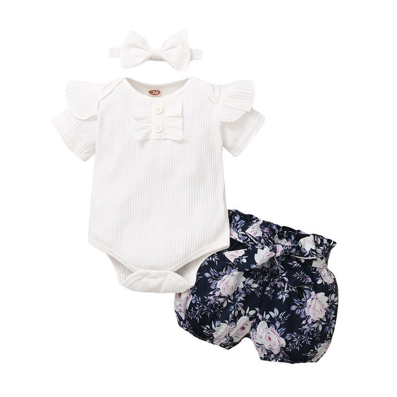 Baby Girl 3pcs Floral Pattern Suit T-Shirt & Short & Headhand - PrettyKid