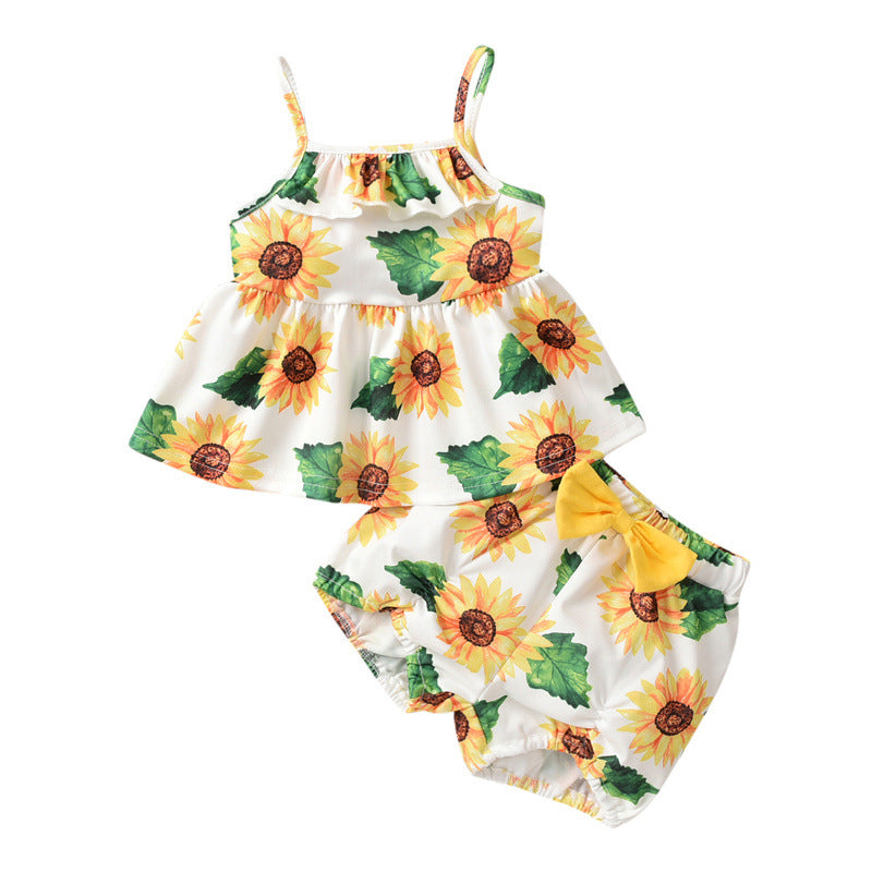 0-18months Baby Sets Girls' Clothing Wholesale Summer Baby Girl Sunflower Print Suspender & Shorts Suit - PrettyKid
