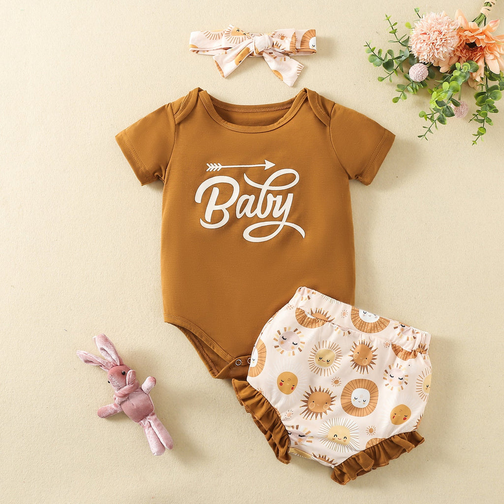3 Piece Sets 3-18M Baby Girls Letter Print Bodysuit & Rainbow Shorts & Headband Wholesale Baby Clothes - PrettyKid
