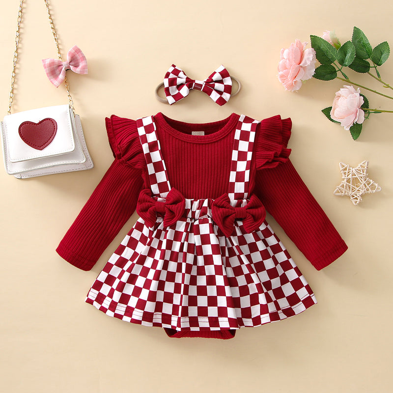 Wholesale Baby Plaid Pattern Ruffles Bow Knot Decor Long Sleeve Overalls Dress & Headband in Bulk - PrettyKid