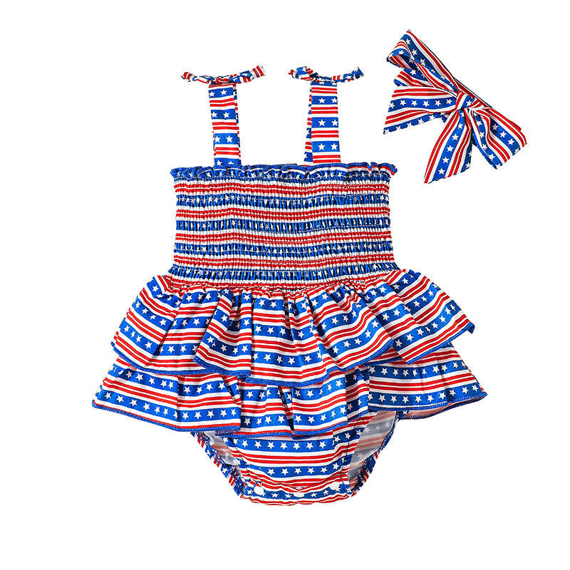 0-18M Baby Girl Rompers Independence Day Striped Sling Headband Baby Clothes In Bulk - PrettyKid
