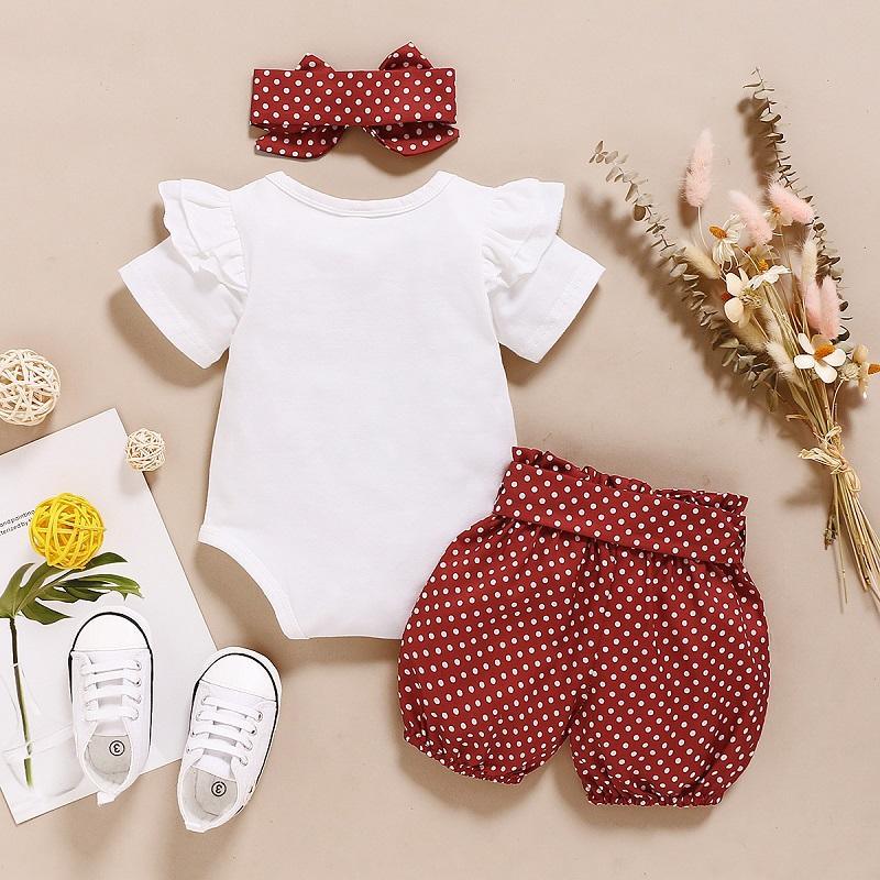 Baby Girl Letter Print Romper & Polka Dot Shorts & Bowknot Headband - PrettyKid