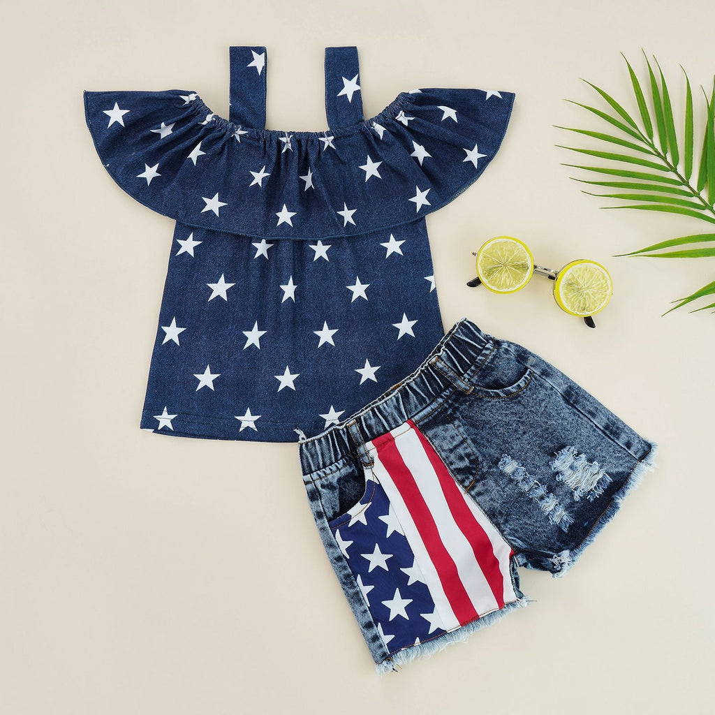 18M-6Y Toddler Girls Sets Stars Cami Top & Denim Shorts Independence Day Wholesale Little Girl Clothing - PrettyKid