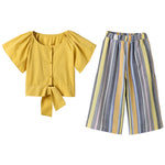 Big Girls Sets Button-Up Knot Hem Top And Striped Wide Leg Pants Kids Wholesale Clothing - PrettyKid
