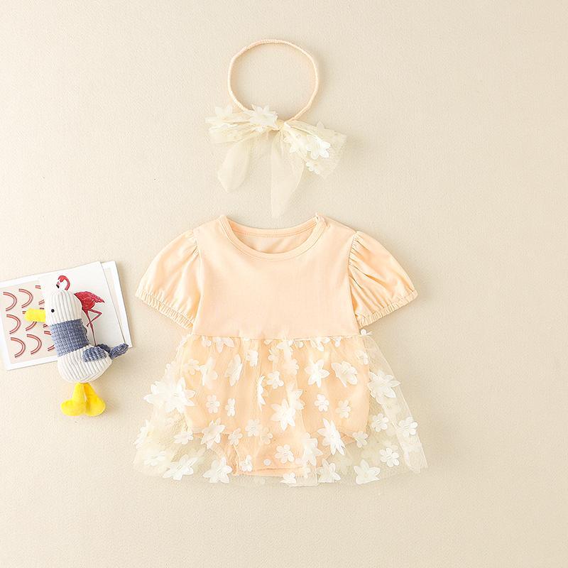 Baby Girl 3D Flower Decor Mesh Hem Bodysuit & Headwear - PrettyKid