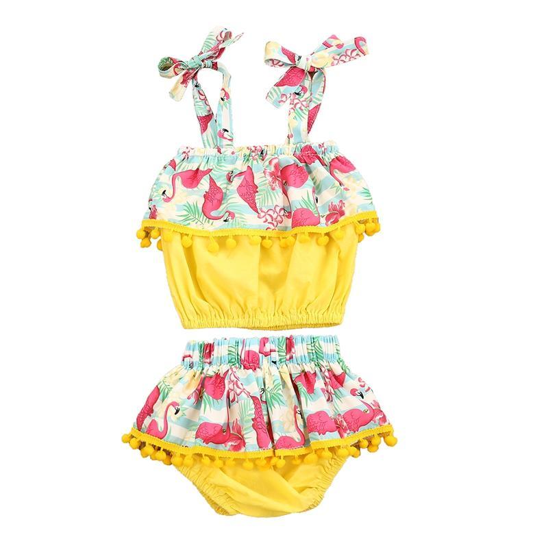 Baby Girl Flamingo Print Tassel Decor Cami Top & Shorts - PrettyKid