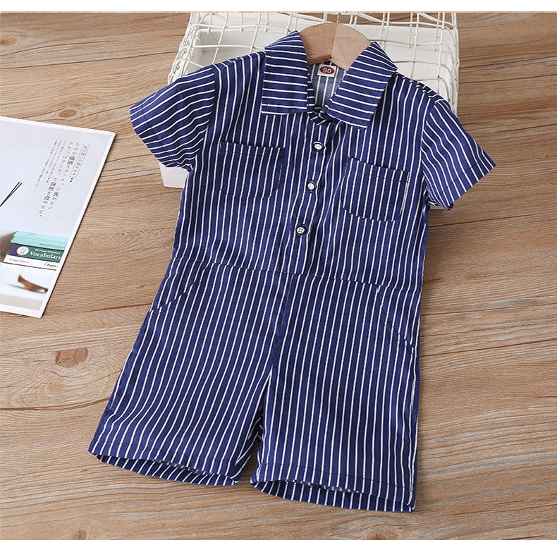Boy&Girl Lapel Collar Striped Jumpsuit Toddler Rompers And Jumpsuits - PrettyKid