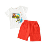 Boys Print T-Shirt And Red Shorts Toddler Boy Outfit Sets - PrettyKid