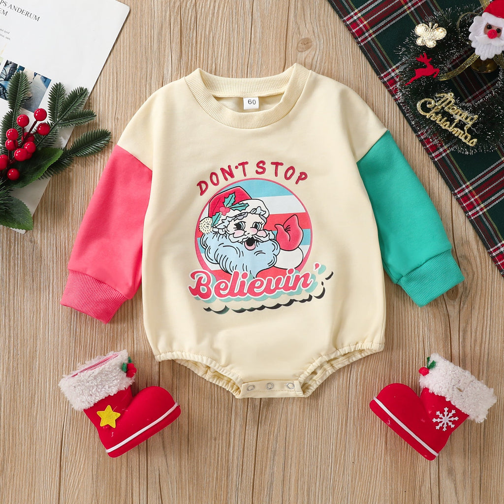 0-18M Christmas Santa Claus Print Colorblock Long Sleeve Onesies Romper Baby Wholesale Clothing - PrettyKid