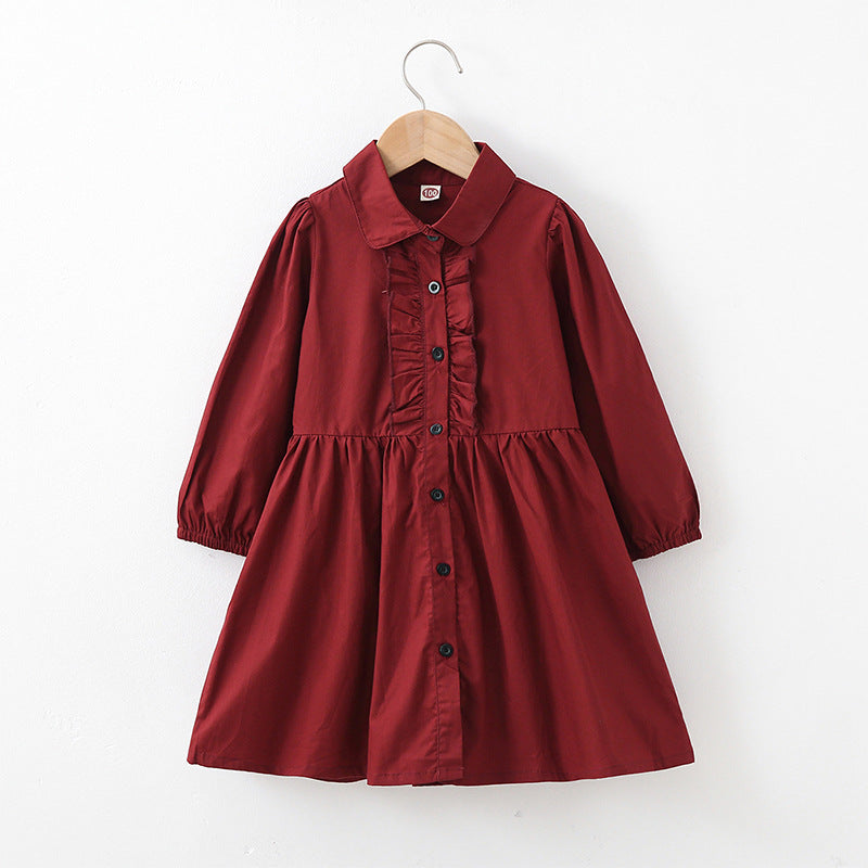 Burgundy Lapel Collar Button Down Dresses For Girls - PrettyKid