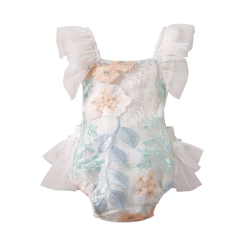 0-18M Baby Girls Bodysuit Mesh Embroidered Flower Flutter Sleeve Wholesale Baby Onesies - PrettyKid
