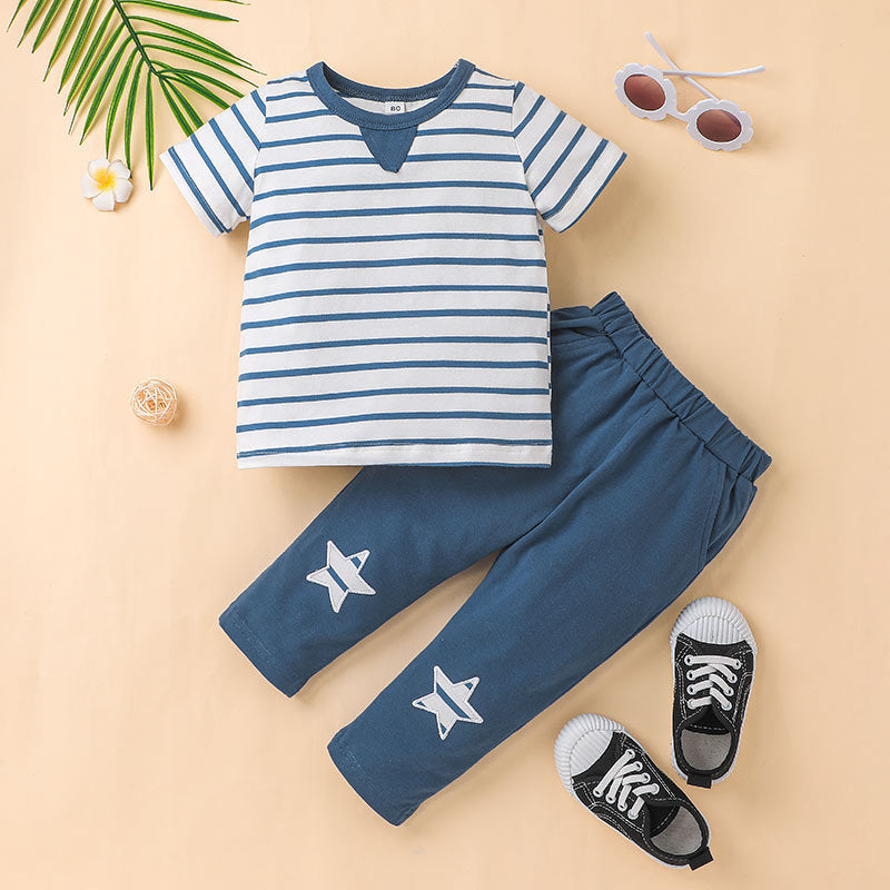 Boys Stripe Short Sleeve T-Shirt Star Pattern Trousers Wholesale Baby Outfit Sets - PrettyKid