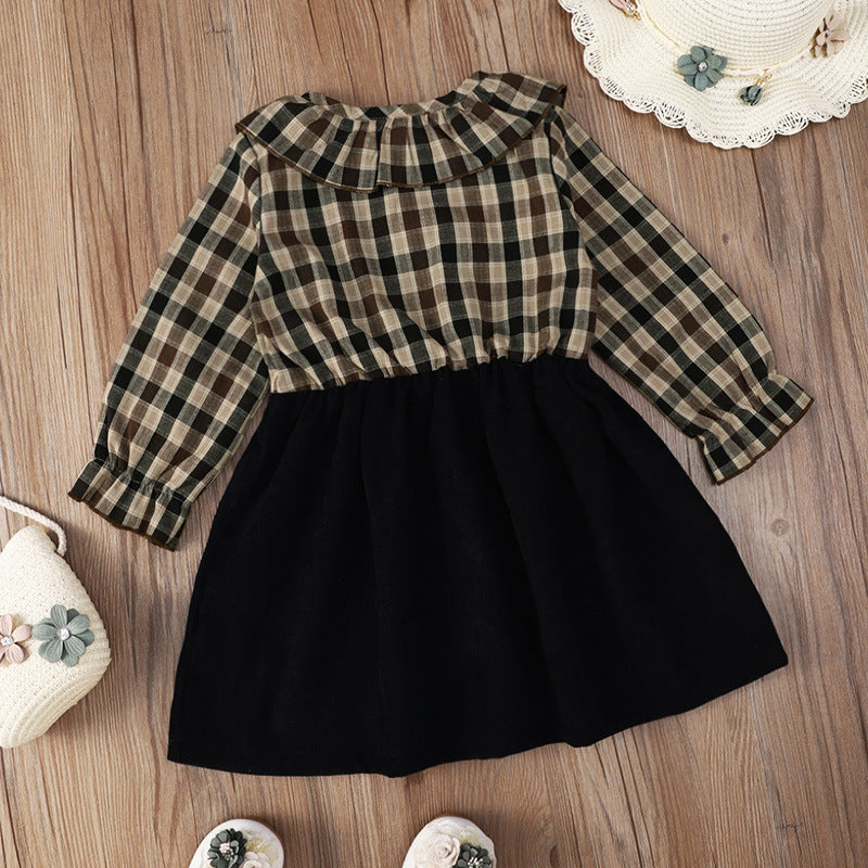 Checked Ruffle Collar Button Dresses For Girl - PrettyKid