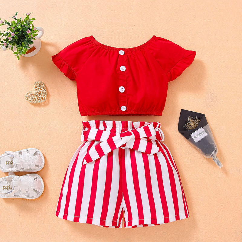 12M-4Y Baby Girl Clothing Sets Short-Sleeve Crinkled Striped Belt Wholesale Baby Clothes - PrettyKid