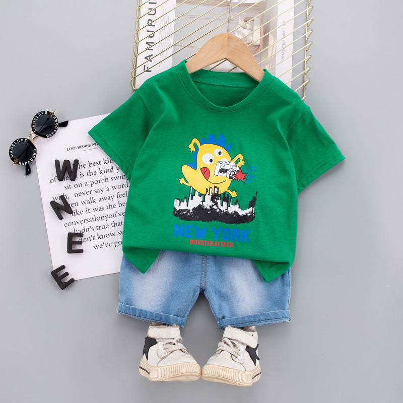 Baby Boy Cartoon T-Shirt And Denim Shorts Baby Boy Shorts Set - PrettyKid