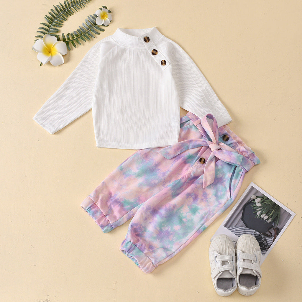 Button Shoulder Crew Neck Top And Tie Dye Pants Wholesale Girls Clothing Sets - PrettyKid