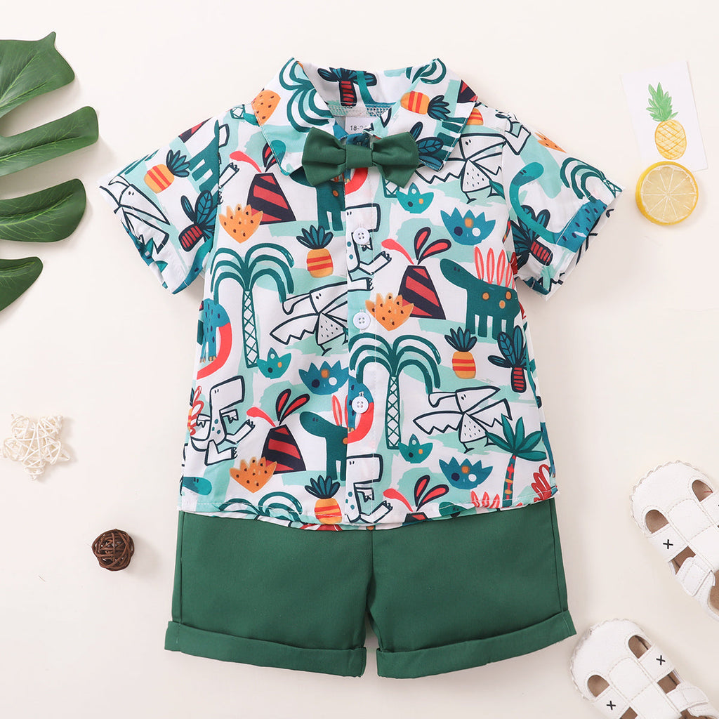 12M-4Y Bow Button Print Shirt Drawstring Shorts Set Wholesale Toddler Boy Clothes - PrettyKid