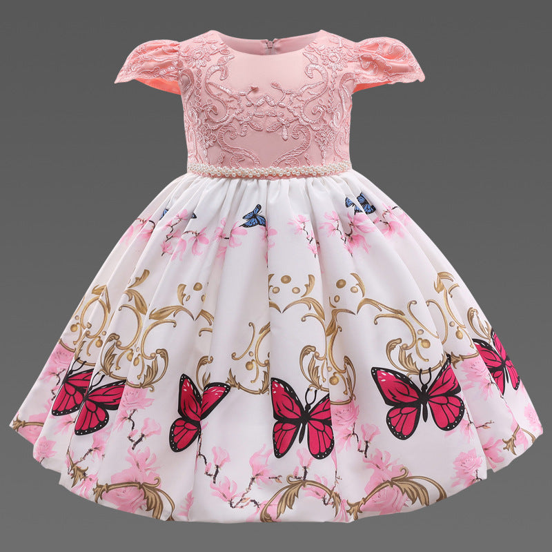 Butterfly Print Bow Pearl Princess Dress For Kids - PrettyKid