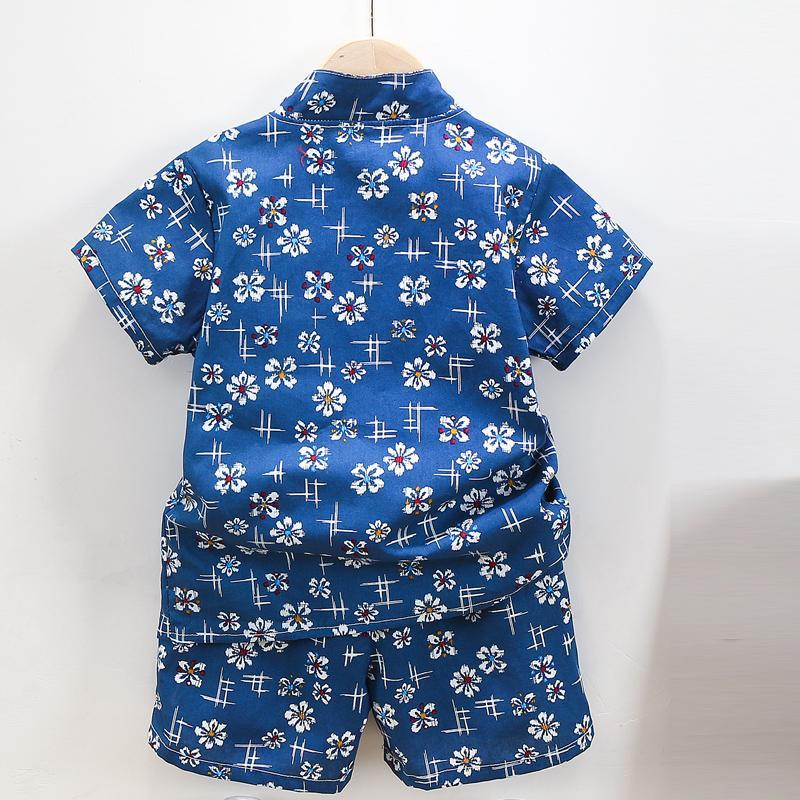 Boy Floral Stand-up Collar Floral Print Shirt & Shorts - PrettyKid