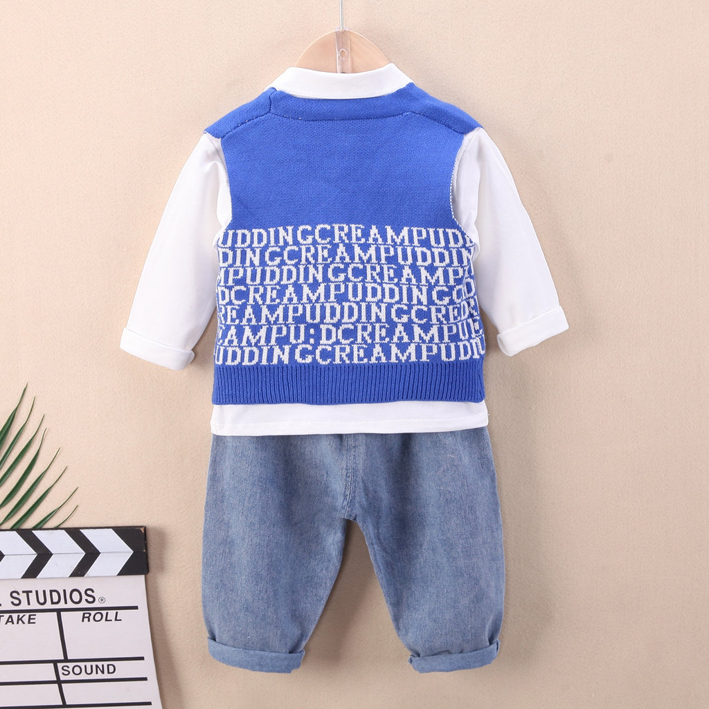 Wholesale Toddler Boys Lapel Shirt Top & Letter Vest & Denim Pants in Bulk - PrettyKid