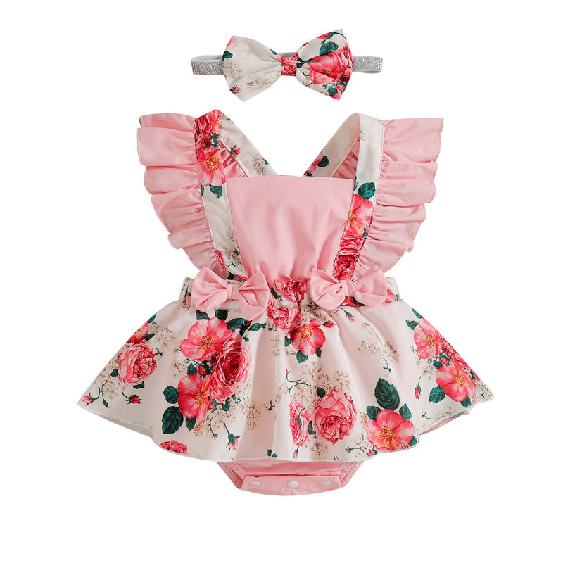 Baby Girl Fake Two-Piece Bow Floral Jumpsuit With Headband Baby Girl Jumpsuit - PrettyKid