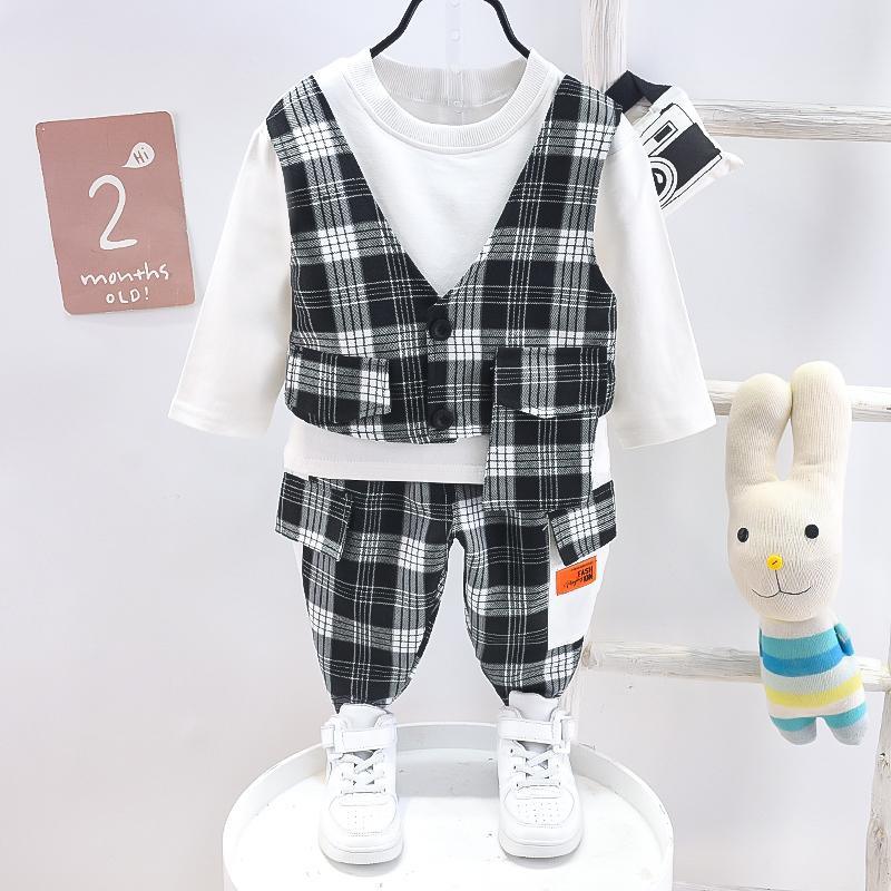 baby girl dresses wholesale Toddler Boy Solid Color T-shirt & Plaid Vest & Pants - PrettyKid