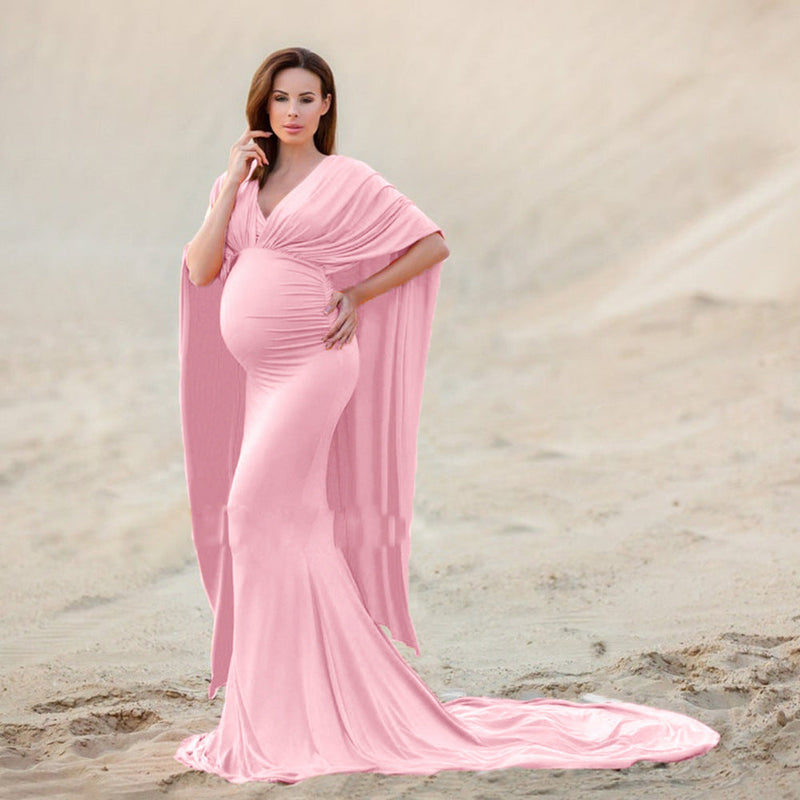 Cloak Solid V-Neck Mopping Long Pregnant Woman Artistic Photo Maternity Dresses - PrettyKid