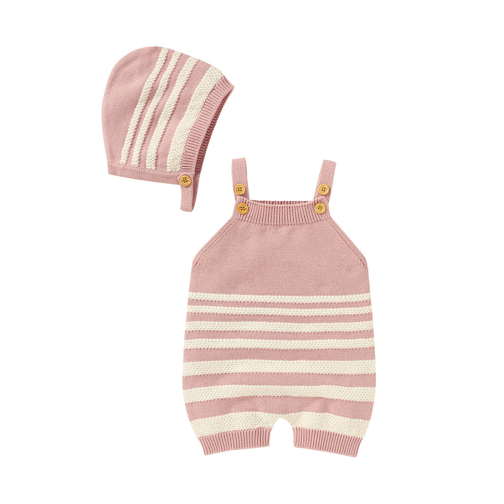 Baby Striped Knitted Bib Jumpsuit And Hat Baby One Piece Jumpsuit - PrettyKid