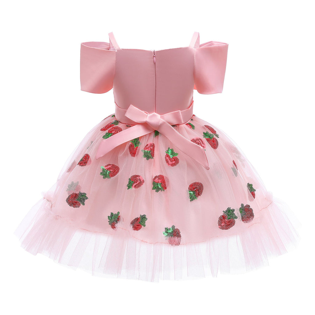 18months-9years Princess Dress For Girls Strawberry Sequin Mesh Panel Bow Sling Wholesale Girls Fashion Clothes - PrettyKid
