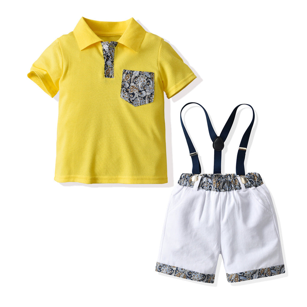 18M-6Y Patchwork Printed Short Sleeve T-Shirt Bib Shorts Gentleman Suit Wholesale Toddler Boy Clothes - PrettyKid