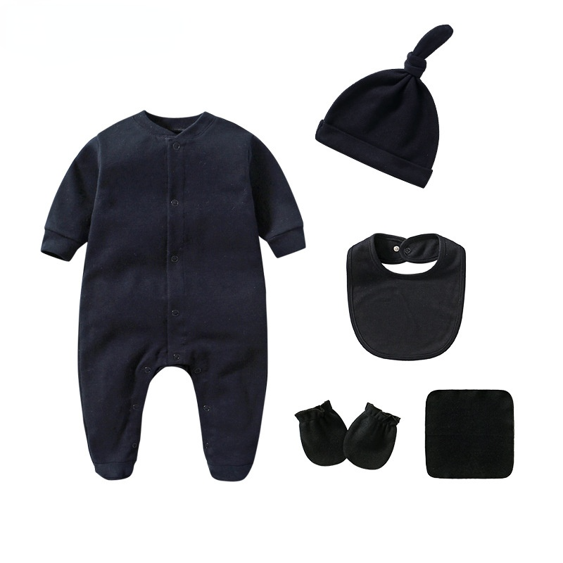Baby Boys Girls Solid Color Long-sleeved Cotton Jumpsuit Hat Bib Gloves Square Scarf Five Piece Set - PrettyKid