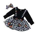 3-24M Halloween Two-Faked Black Long Sleeve Tops And Pumpkin Plaid Suspender Skirt Dress Baby Wholesale Clothing - PrettyKid