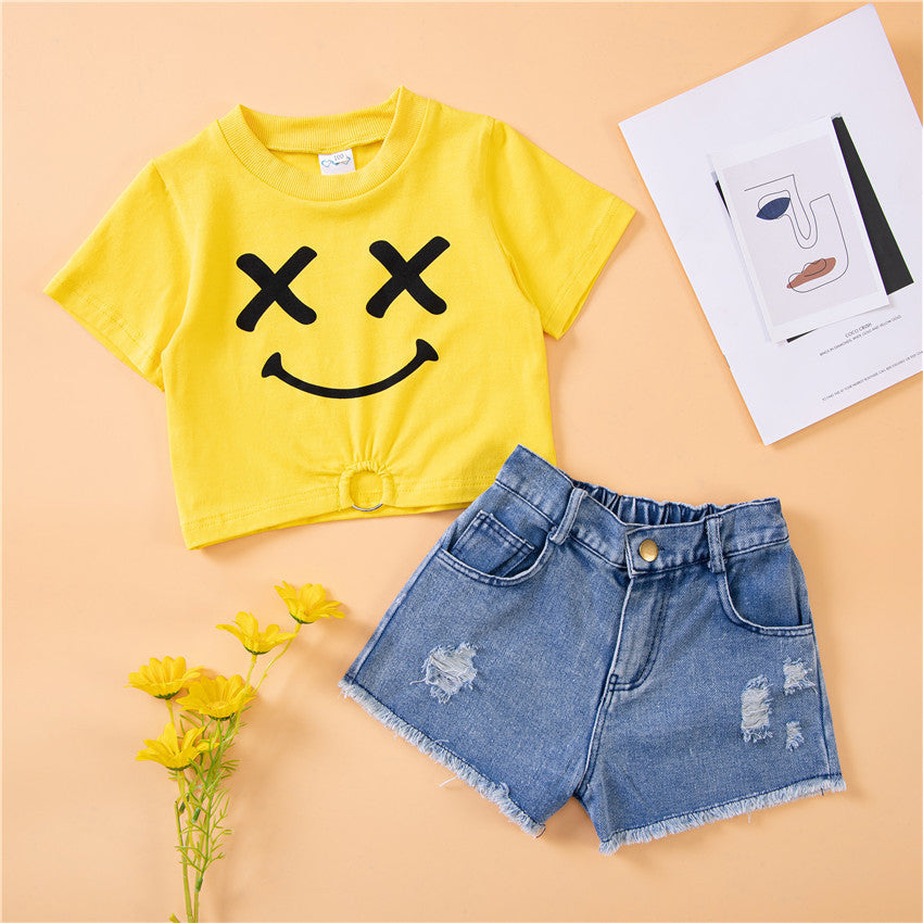 2-7Y Toddler Girl Sets Smiley Print Top & Ripped Denim Shorts Wholesale Girls Clothes - PrettyKid